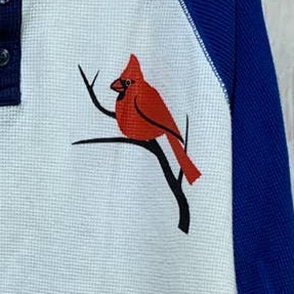 Hand Printed Upcycled Child Medium Red Cardinal Bird Long Sleeve Henley Top - Picture 2 of 3